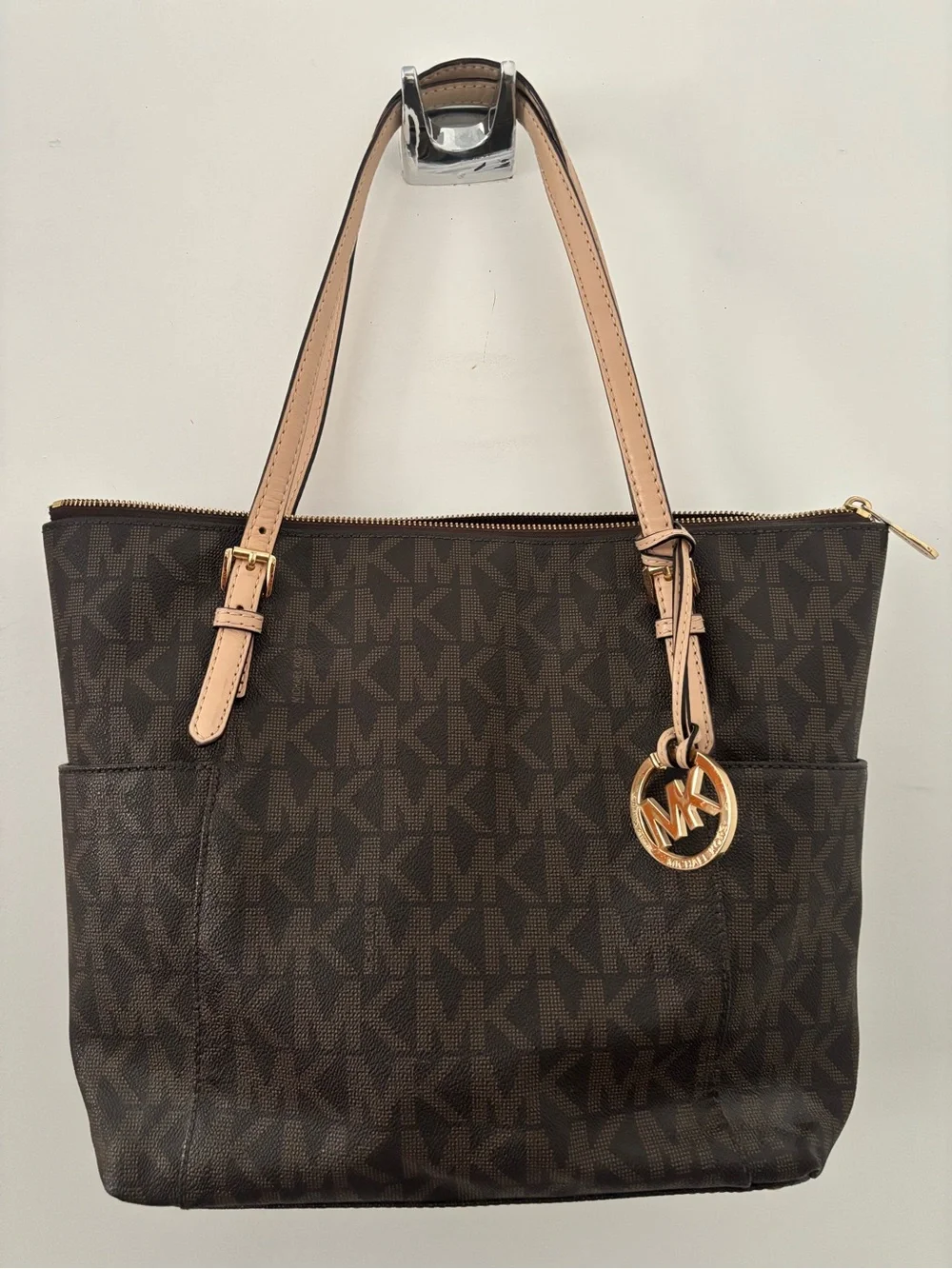 Michael Kors Brown Logo Tote with  Tan Straps and Gold Hardware